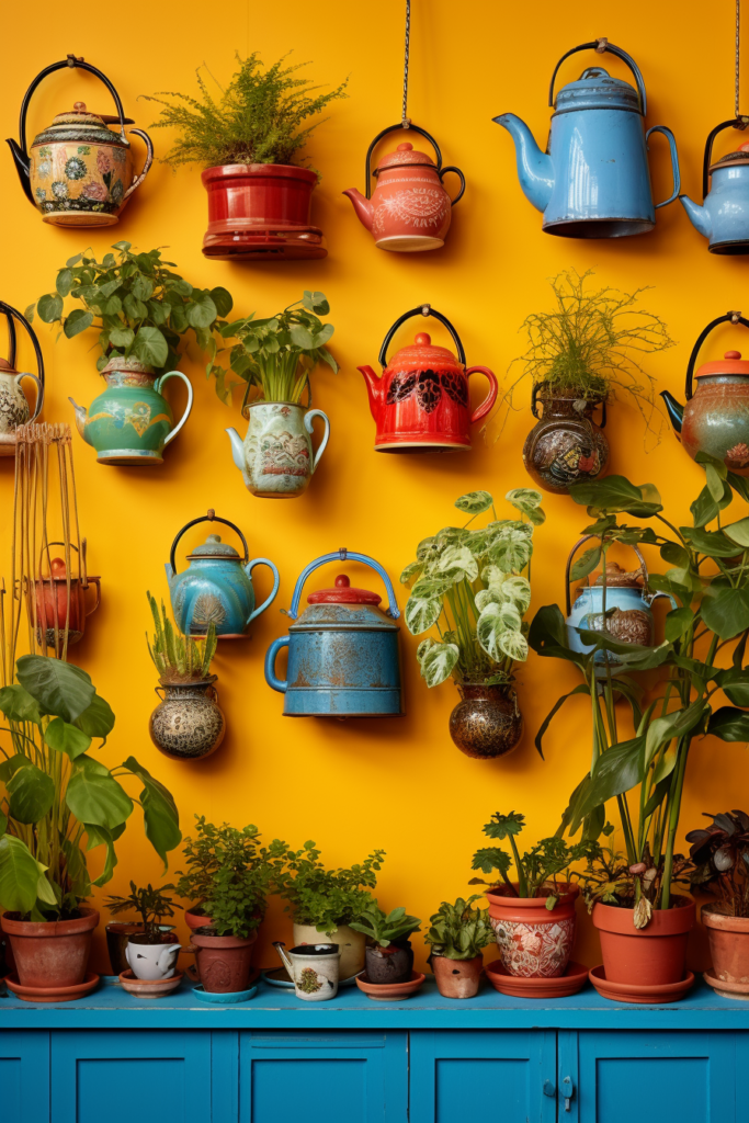A wall of hanging planters on a yellow wall.
