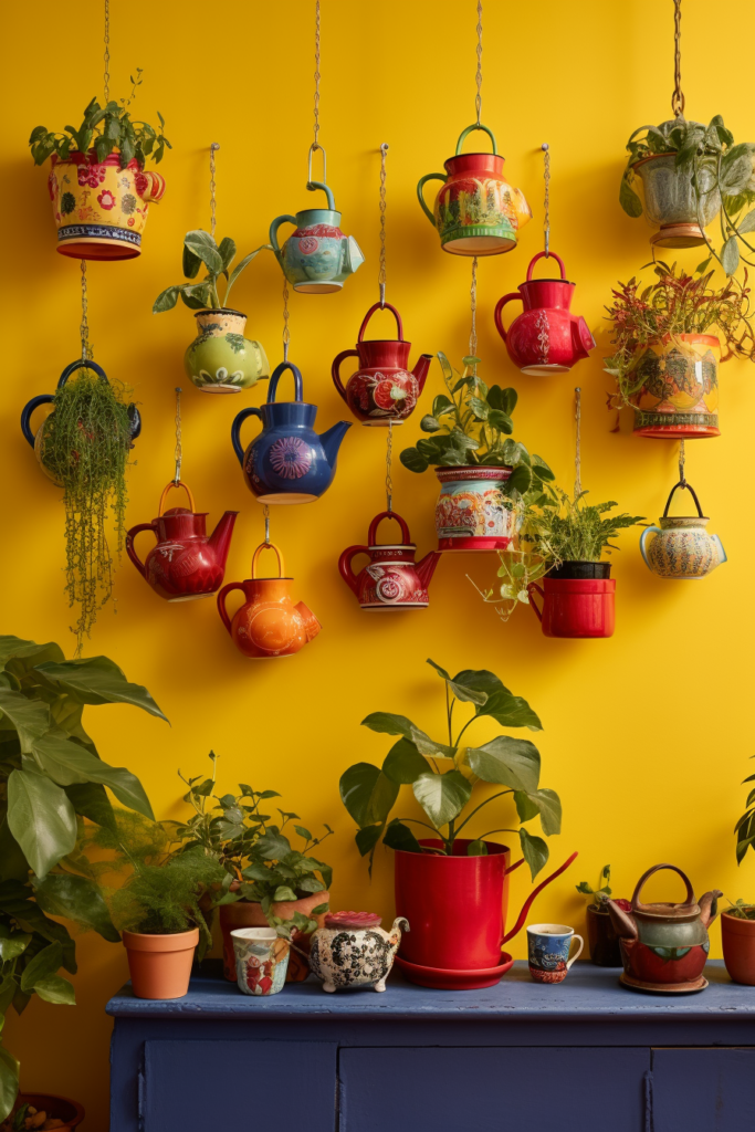 A yellow wall adorned with brightly colored hanging teapots and potted plants in innovative suspended containers.