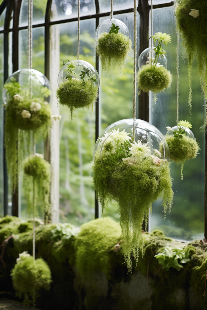 Innovative hanging planters showcasing moss suspended in glass jars in a window.