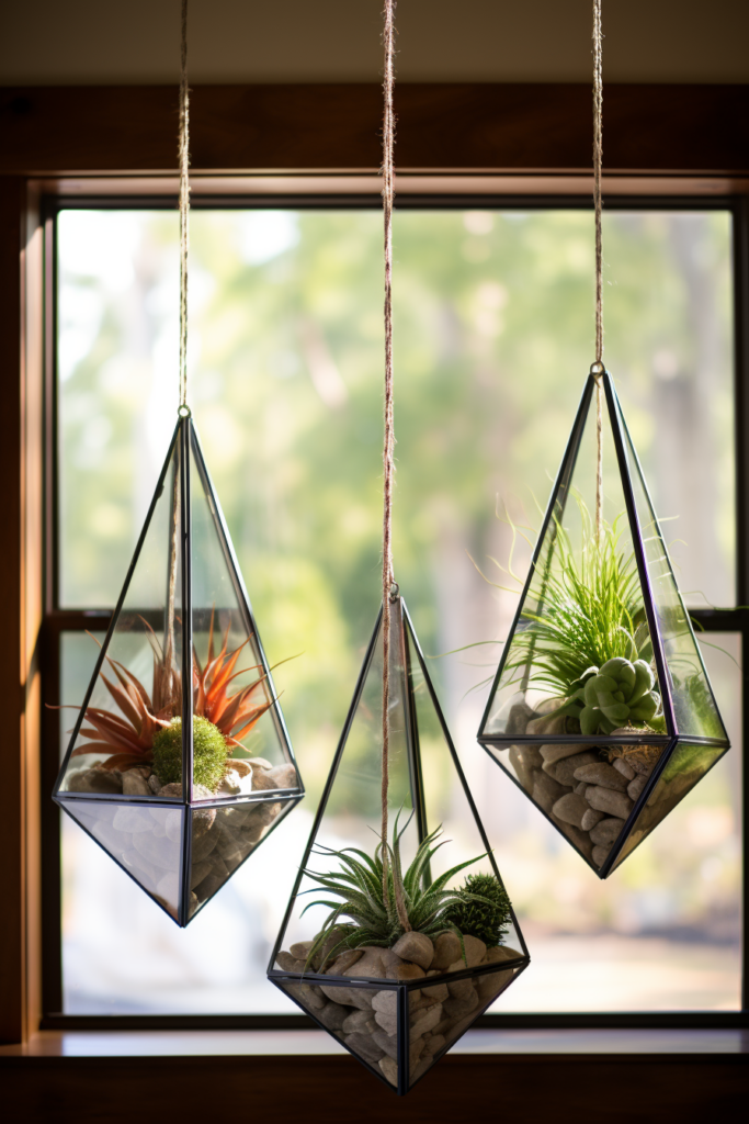Three hanging planters, innovative suspended containers for air terrariums, elegantly adorn a window.