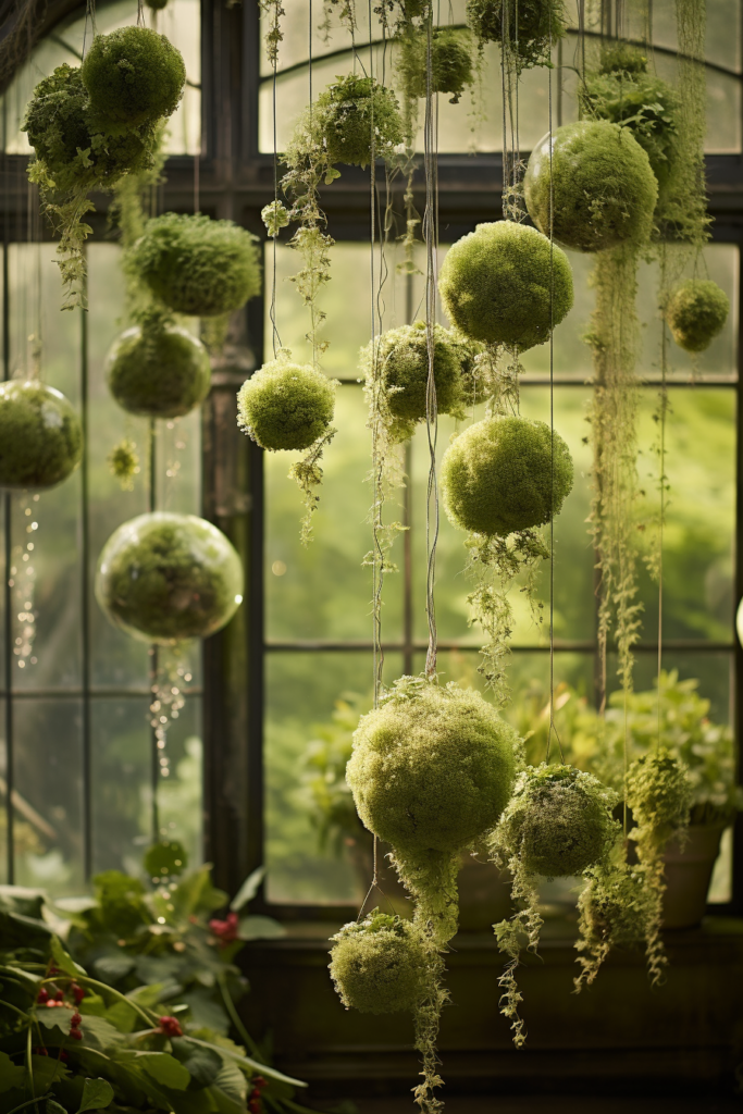 Innovative suspended containers displaying moss balls in a greenhouse window.