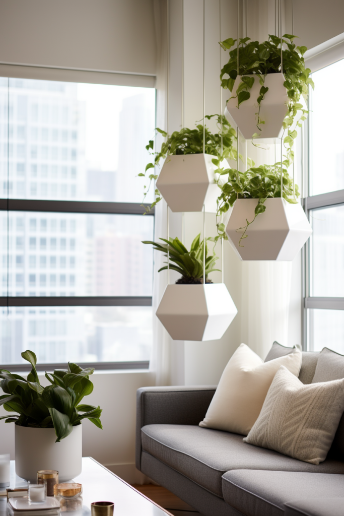 An innovative living room with plants hanging from the ceiling in stylish hanging planters.