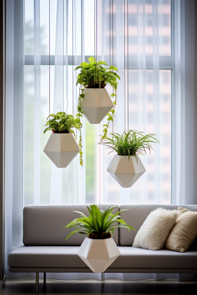 An innovative living room with plants suspended from the ceiling using hanging planters.