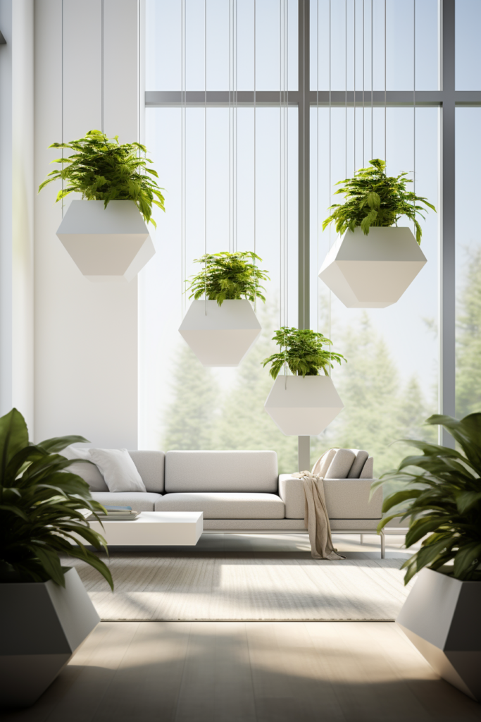 An innovative living room with plants hanging from suspended containers.