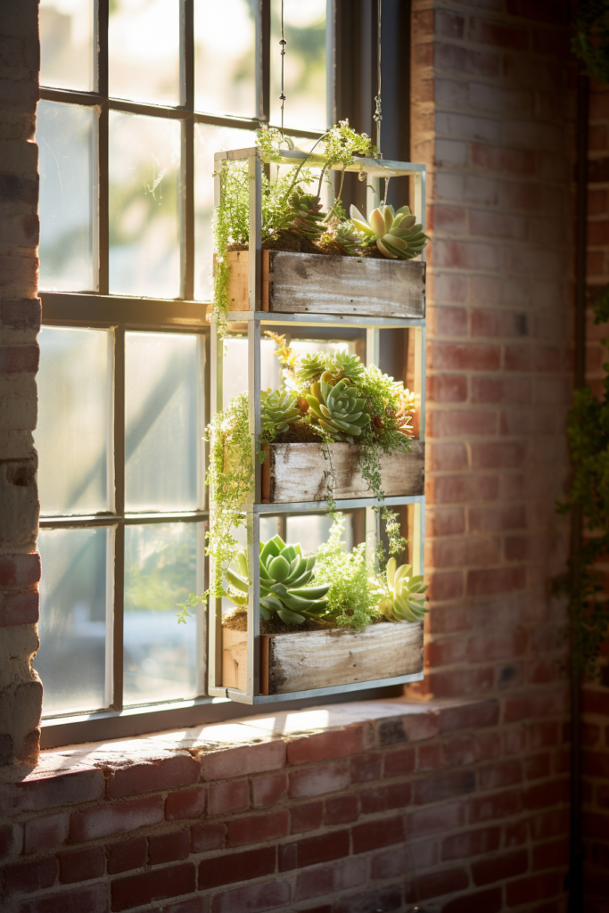 An innovative planter box featuring succulents, suspended elegantly with hanging planters.