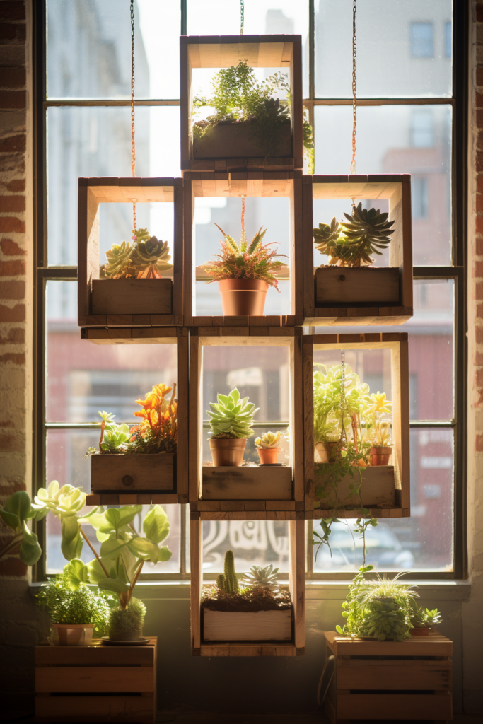 An innovative display of plants in suspended containers.