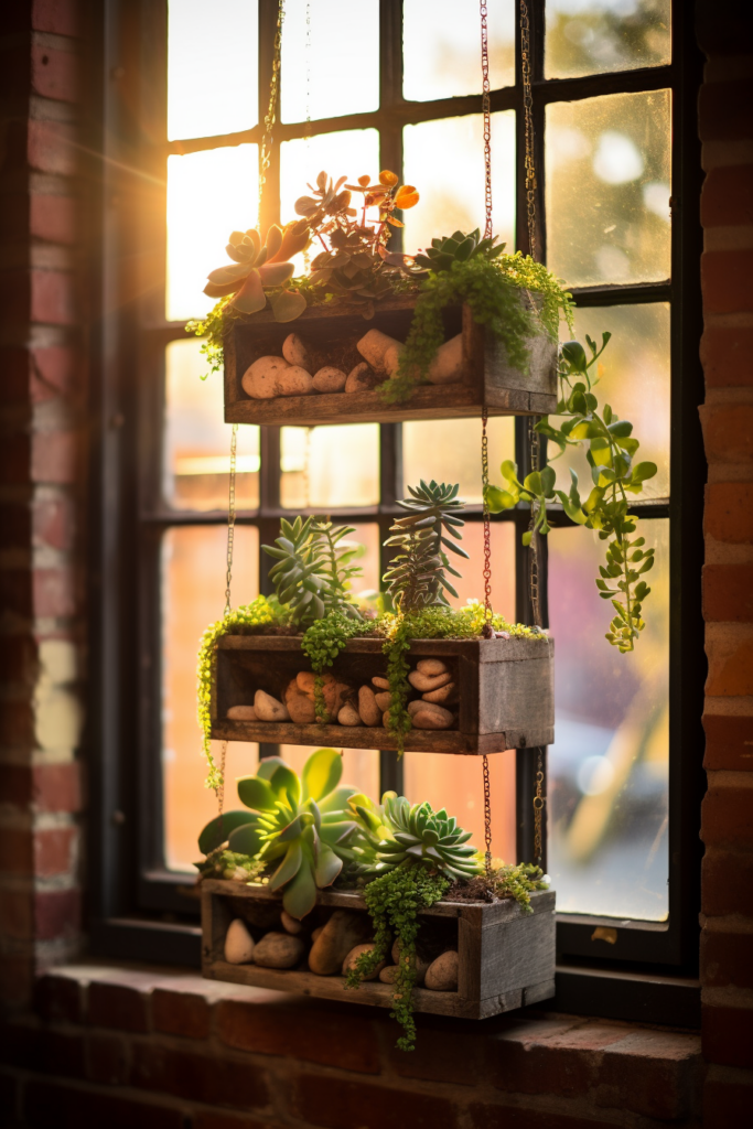 An innovative hanging planter with succulents suspended in a wooden crate in front of a window.