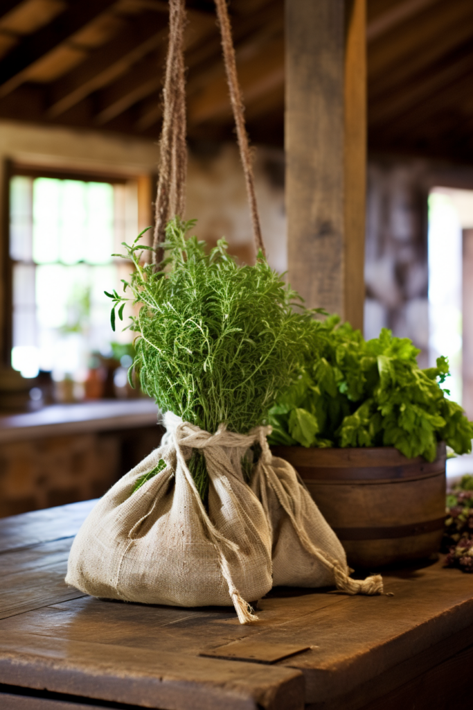 Innovative hanging planters suspending herbs in a sack on a wooden table.