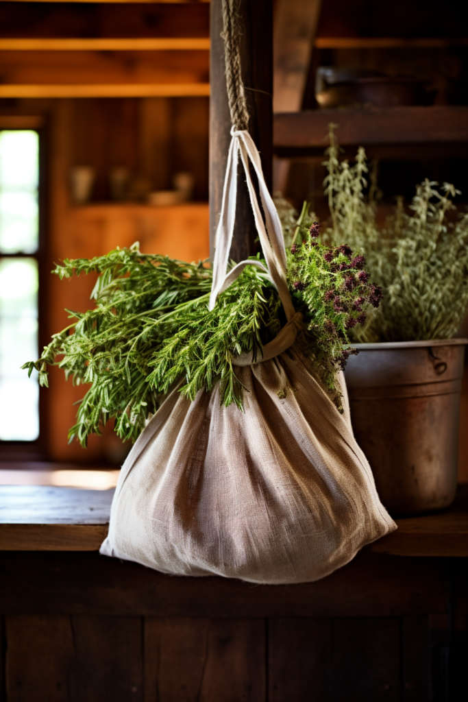 An innovative bag of herbs hanging from a suspended wooden shelf.