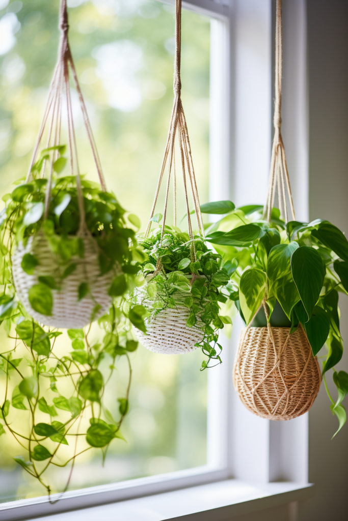 Three innovative hanging planters suspended on a window sill.