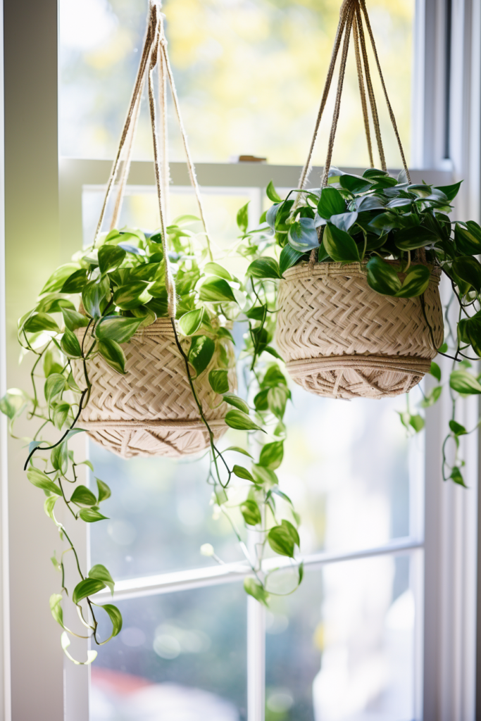 Two innovative suspended containers, also known as hanging planters, are beautifully displayed on a window sill.