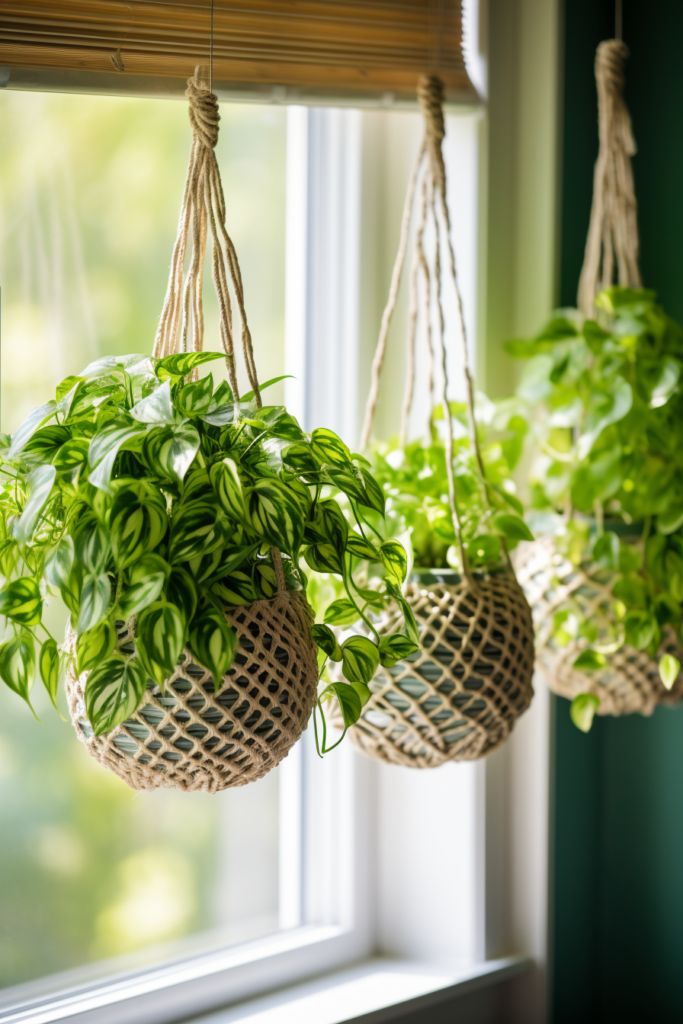 Three innovative hanging planters on a window sill.