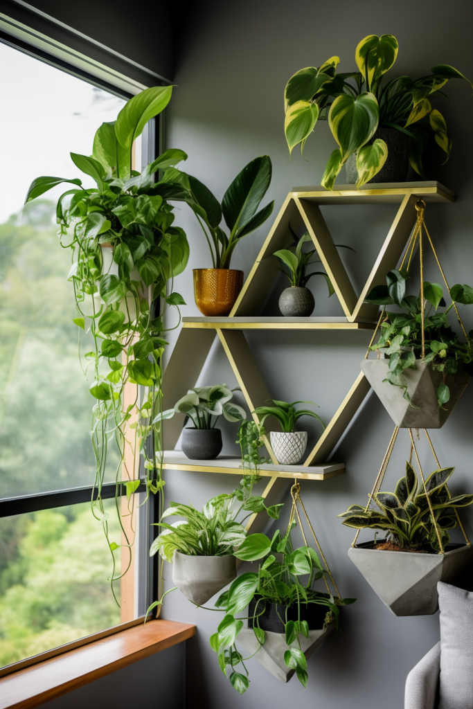 A room with hanging planters on shelves in front of a window.