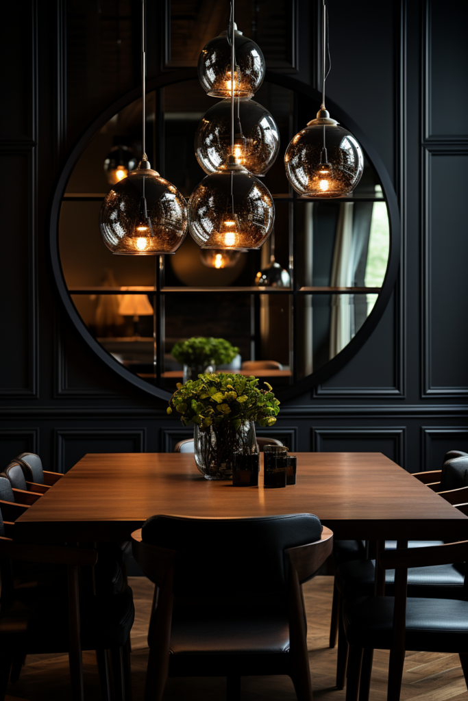 A dining room with black chairs and a reflective surface.