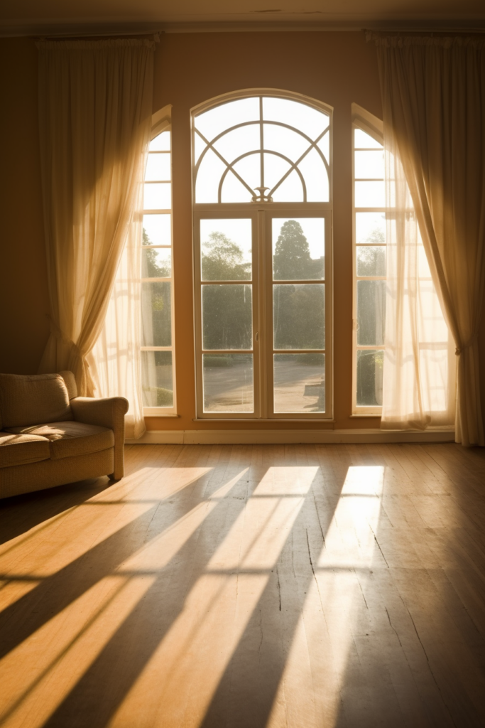The sun is shining through a large window, reflecting off mirrors and other reflective surfaces in the living room, creating an open and airy atmosphere.