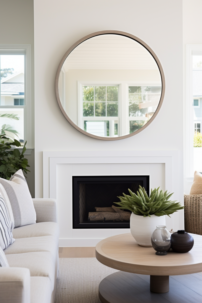 A bright and open living room featuring a large mirror above the fireplace, creating a sense of spaciousness and utilizing reflective surfaces to enhance natural light.