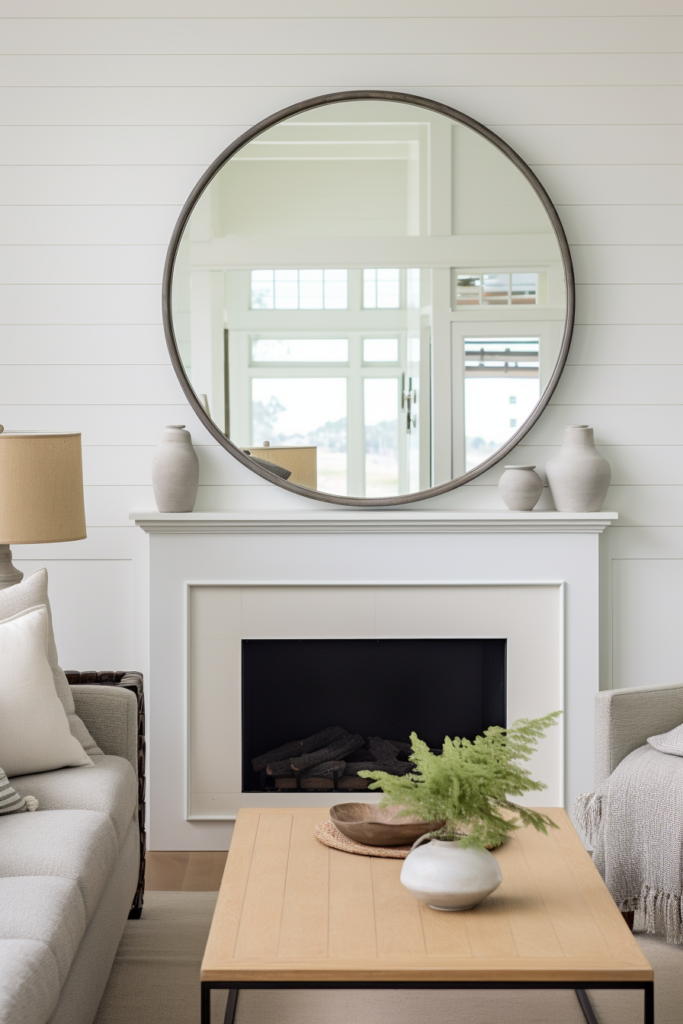 A living room with an open up space, featuring a large mirror above a fireplace and reflective surfaces.
