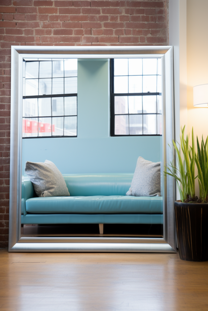 A blue couch in a room with a mirror that reflects light and opens up space.