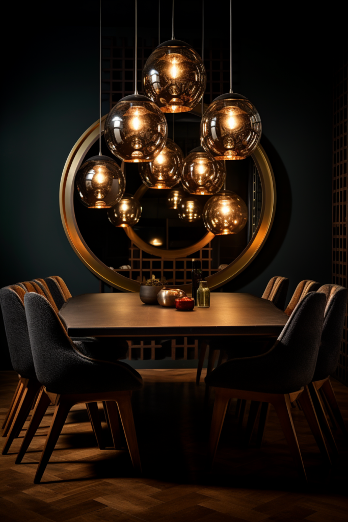 A dining room with a round table and black chairs that features reflective surfaces to open up the space.