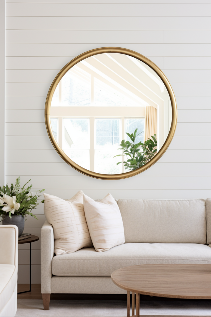 Open up your living room space with a white couch and a gold mirror. The reflective surfaces of the mirror will illuminate the room and create an illusion of a larger space.
