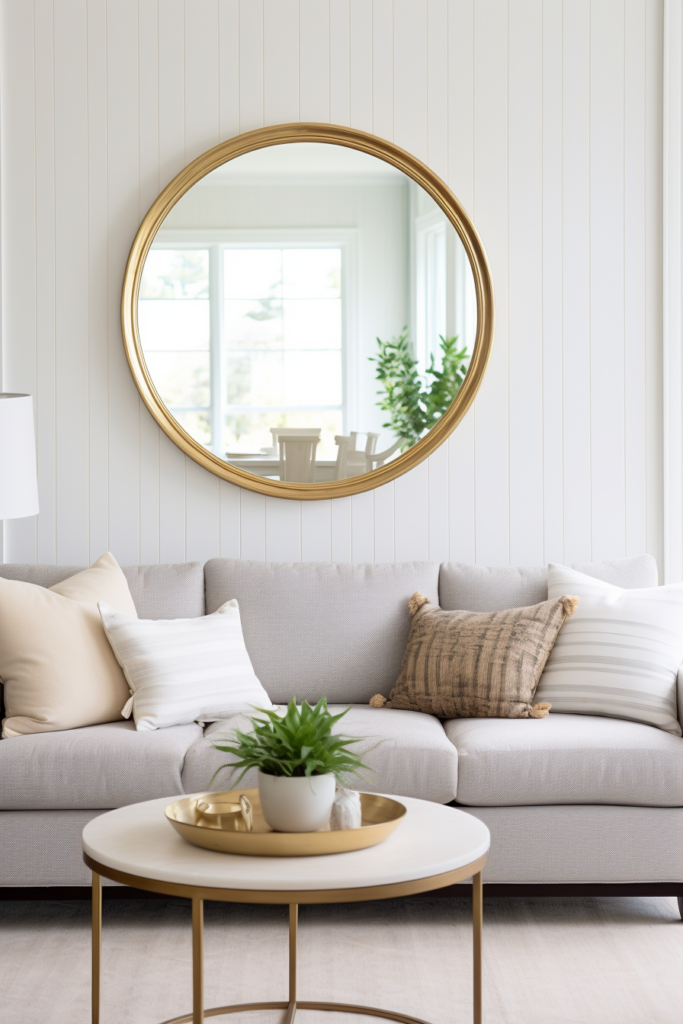 An oval gold mirror above a couch in a living room, creating an open and reflective space.