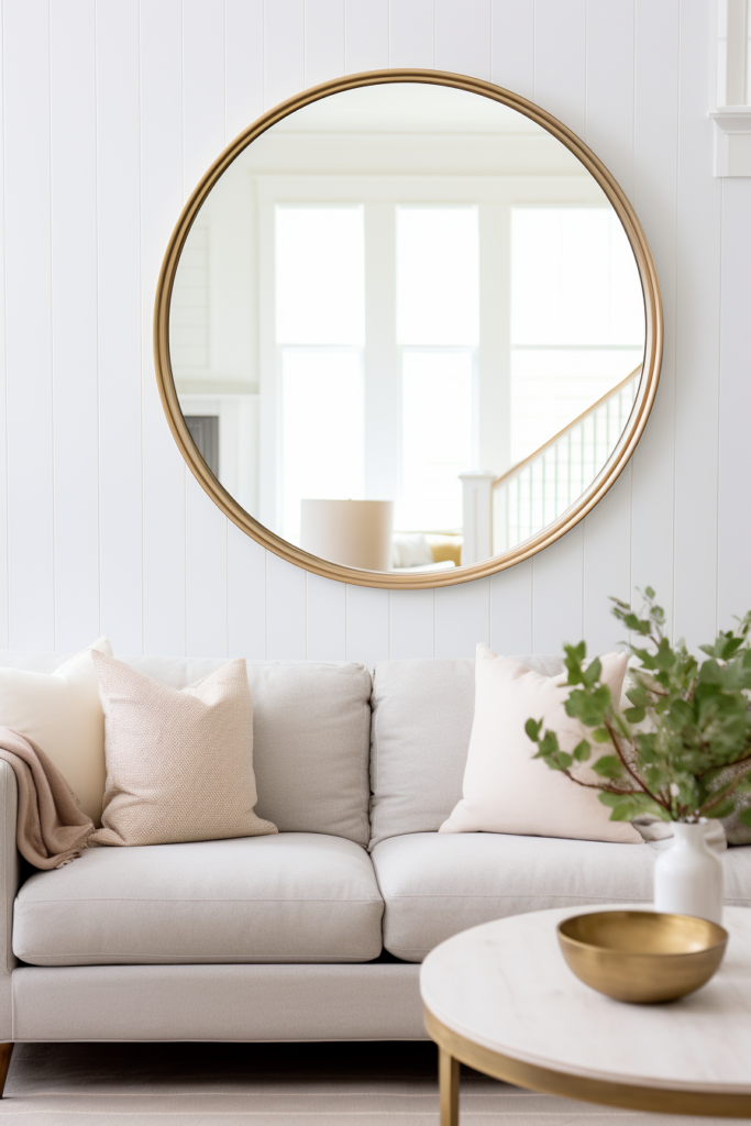 A gold oval mirror, reflective surface, hangs above a couch in a living room to open up space.