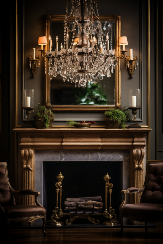 An ornate fireplace with open up chairs and a reflective chandelier.