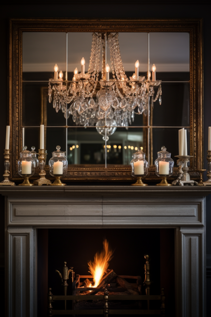 A fireplace adorned with flickering candles and a gracefully placed mirror, creating a mesmerizing interplay of warmth and reflective surfaces.
