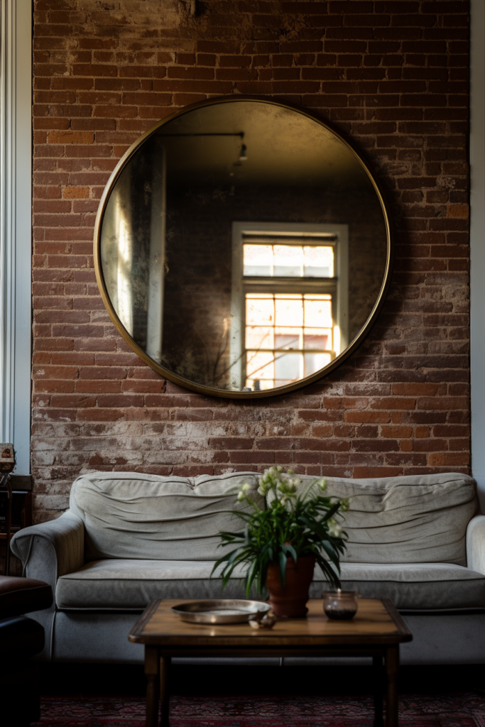 In a living room, a large round mirror hung above a couch serves as a reflective surface that can open up space.
