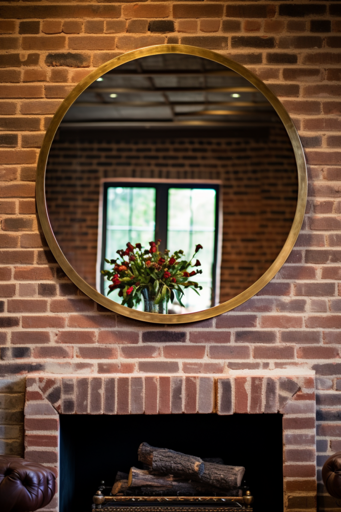 An open fireplace with a reflective surface above.
