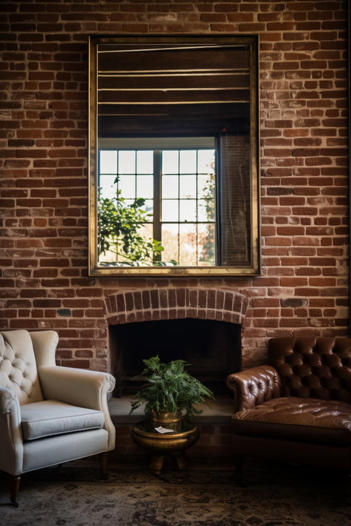 A large mirror, known for its reflective surface, hangs proudly in front of a brick wall.