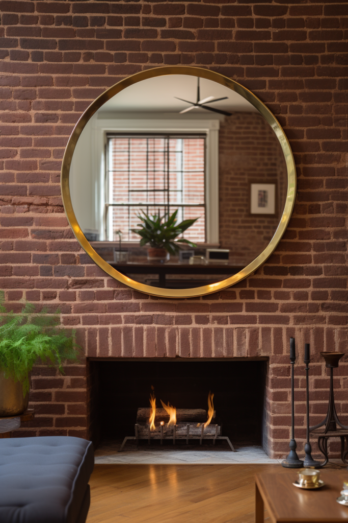 A living room with a round mirror, strategically placed to open up space and create reflective surfaces.