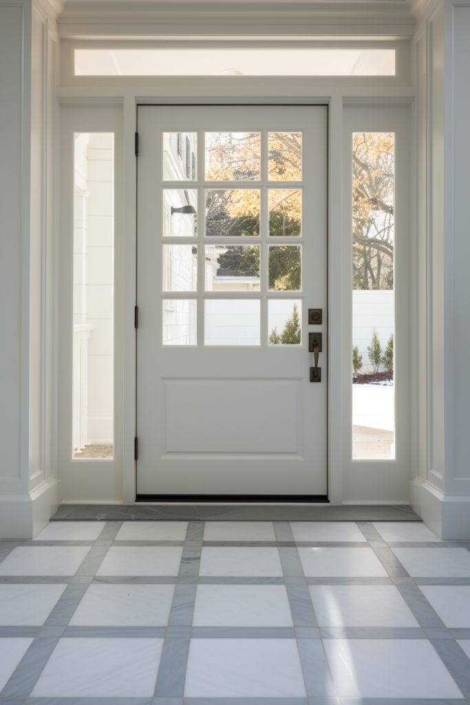 An entryway with a white door and tiled floor that features a mirror, reflecting surfaces that open up the space.