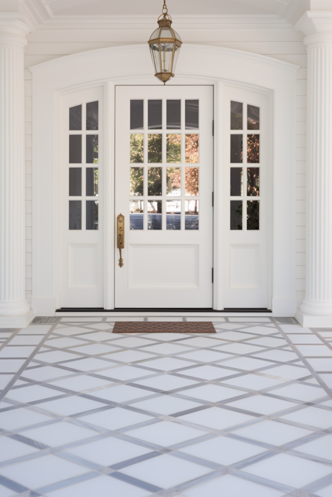 A white front door with a white tiled floor, adorned with mirrors that open up the space and create reflective surfaces.