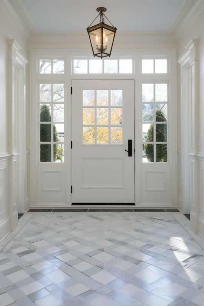 An entryway with a marble floor and mirrors that open up the space.