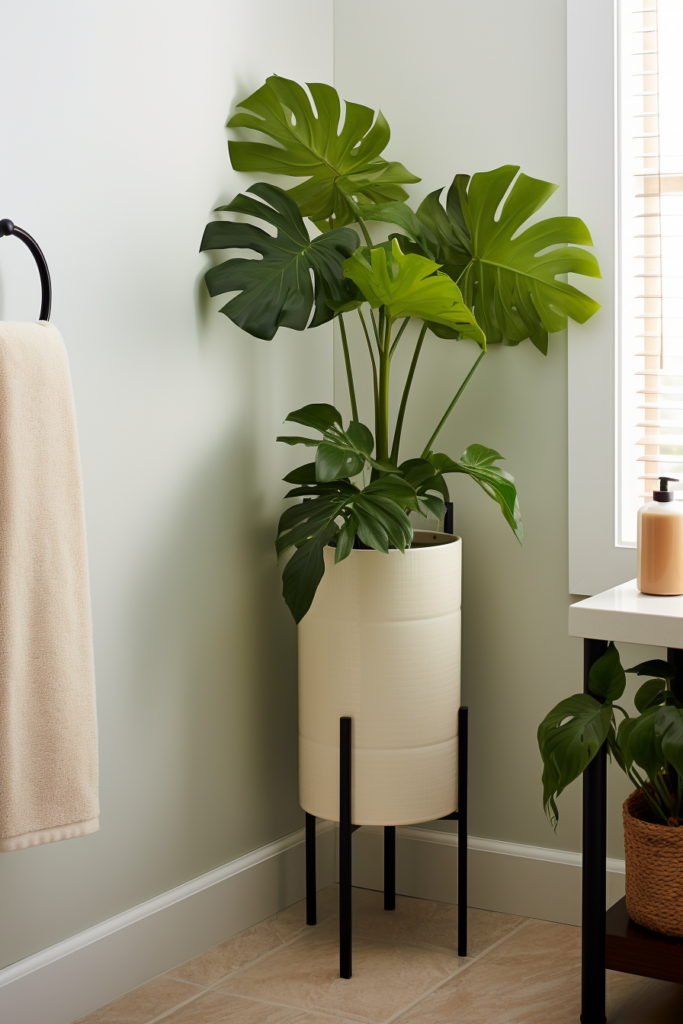 An innovative hanging plant container in a bathroom.