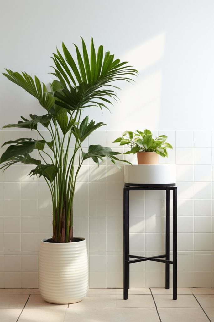 A potted plant sits on a table in front of a white wall, providing a charming addition to any space with its lush green leaves.