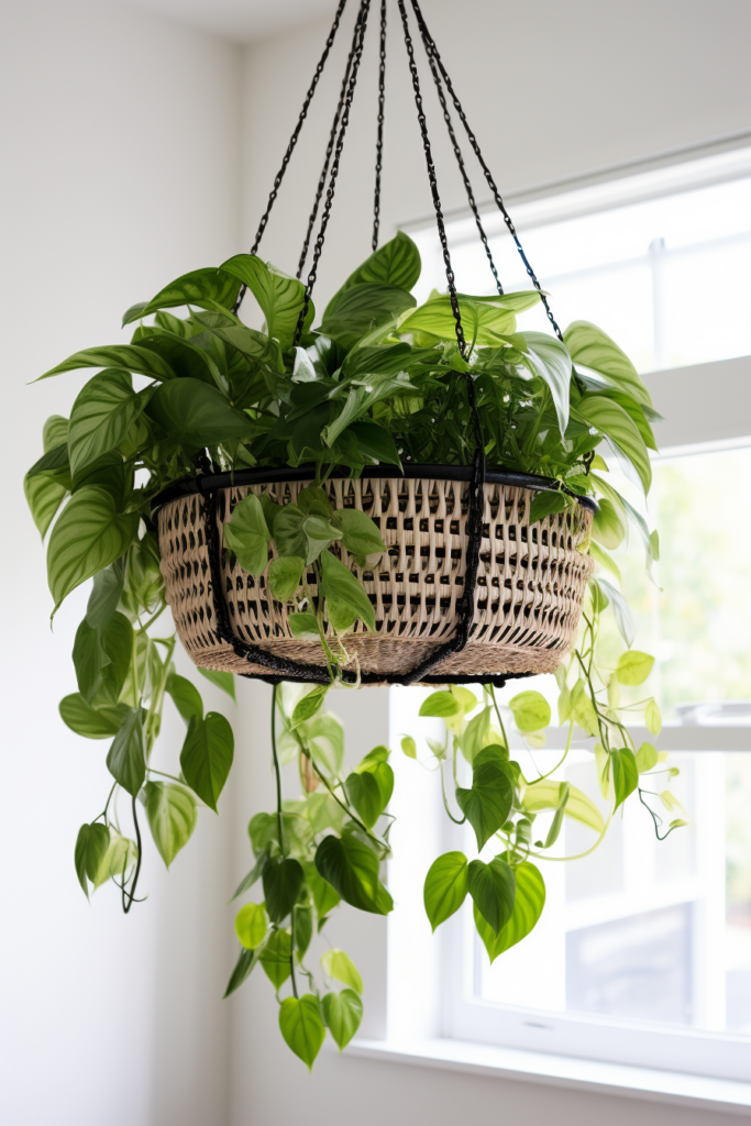 A hanging wicker planter in a room.