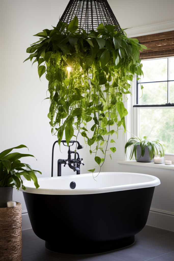 A black and white bathroom with a plant hanging from the ceiling.