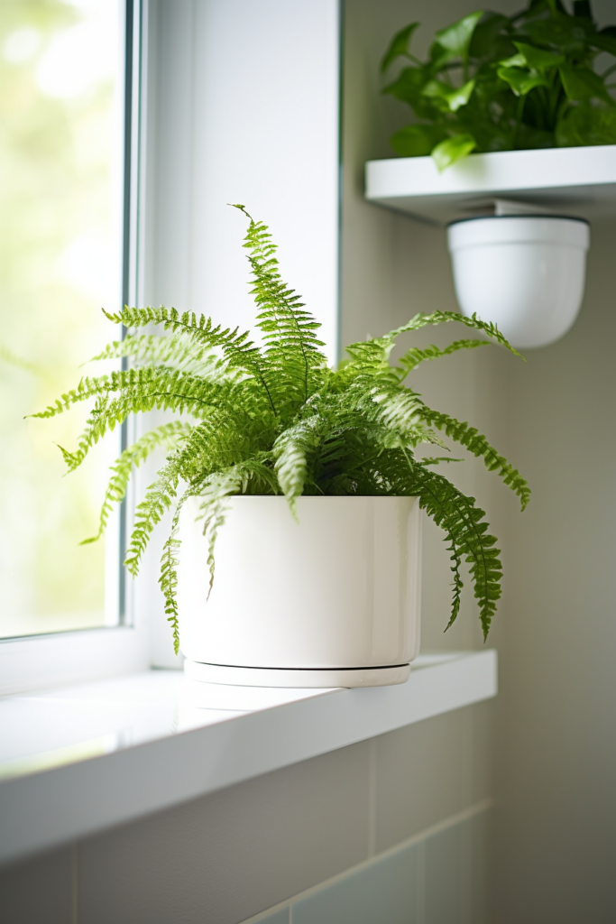 A fern plant, placed in a plant container, sits on a window sill.