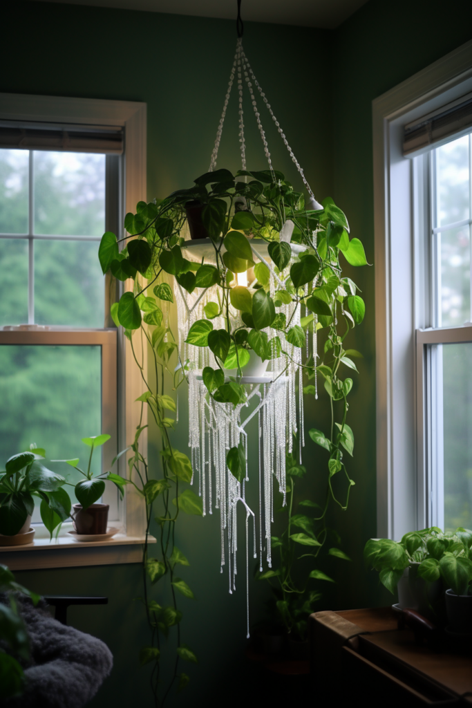 An innovative hanging plant container graces the window of a room.
