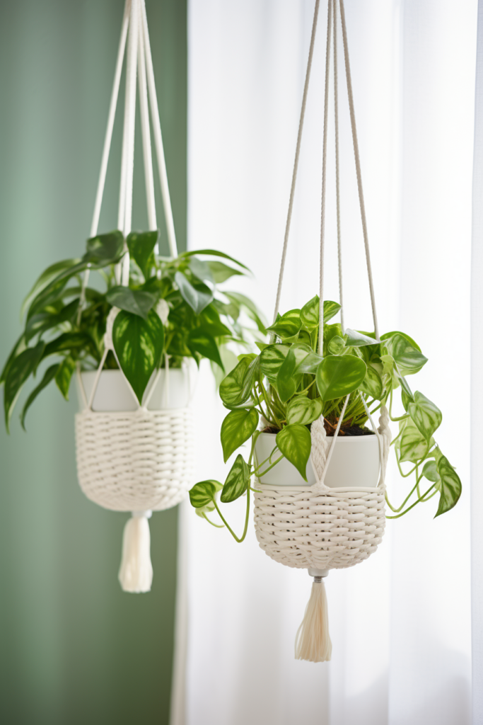 Two innovative plant containers with tassels hanging from a window.