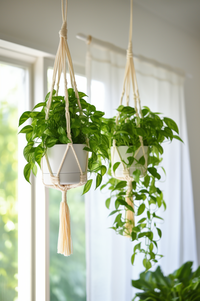 Innovative plant containers featuring hanging solutions with tassels beautify a room.