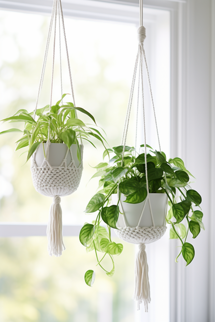 Two hanging plant containers with tassels, suitable for bathrooms or as space-saving hanging solutions for windows.