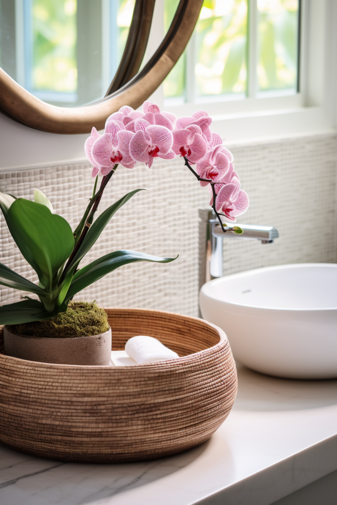 A bathroom with a pink orchid in a wooden bowl in front of a mirror.