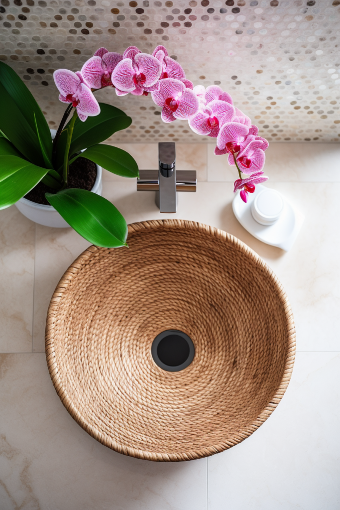 An innovative bathroom sink with a rattan basket for hanging solutions or as a plant container.