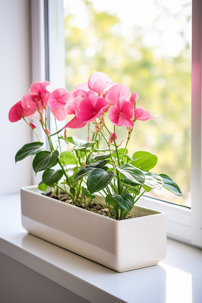 Innovative plant containers for pink cyclamen plants on a window sill.