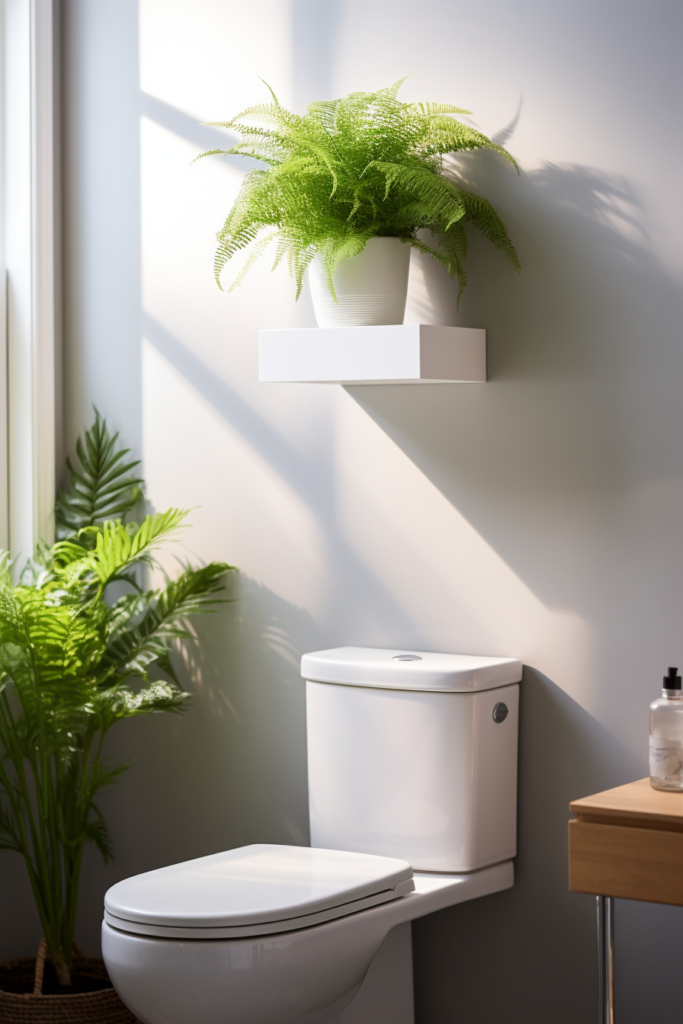 An innovative plant container hanging solution for toilets features a white toilet with a plant on top.