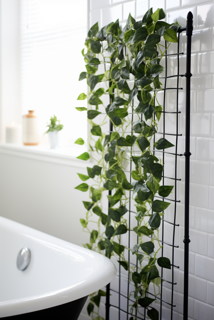 An innovative bathroom with ivy hanging from the ceiling using plant containers.