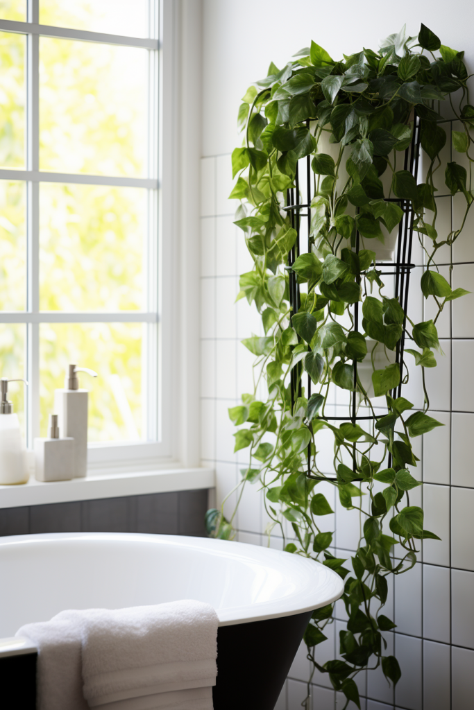 A bathroom with ivy hanging from the ceiling using hanging solutions.